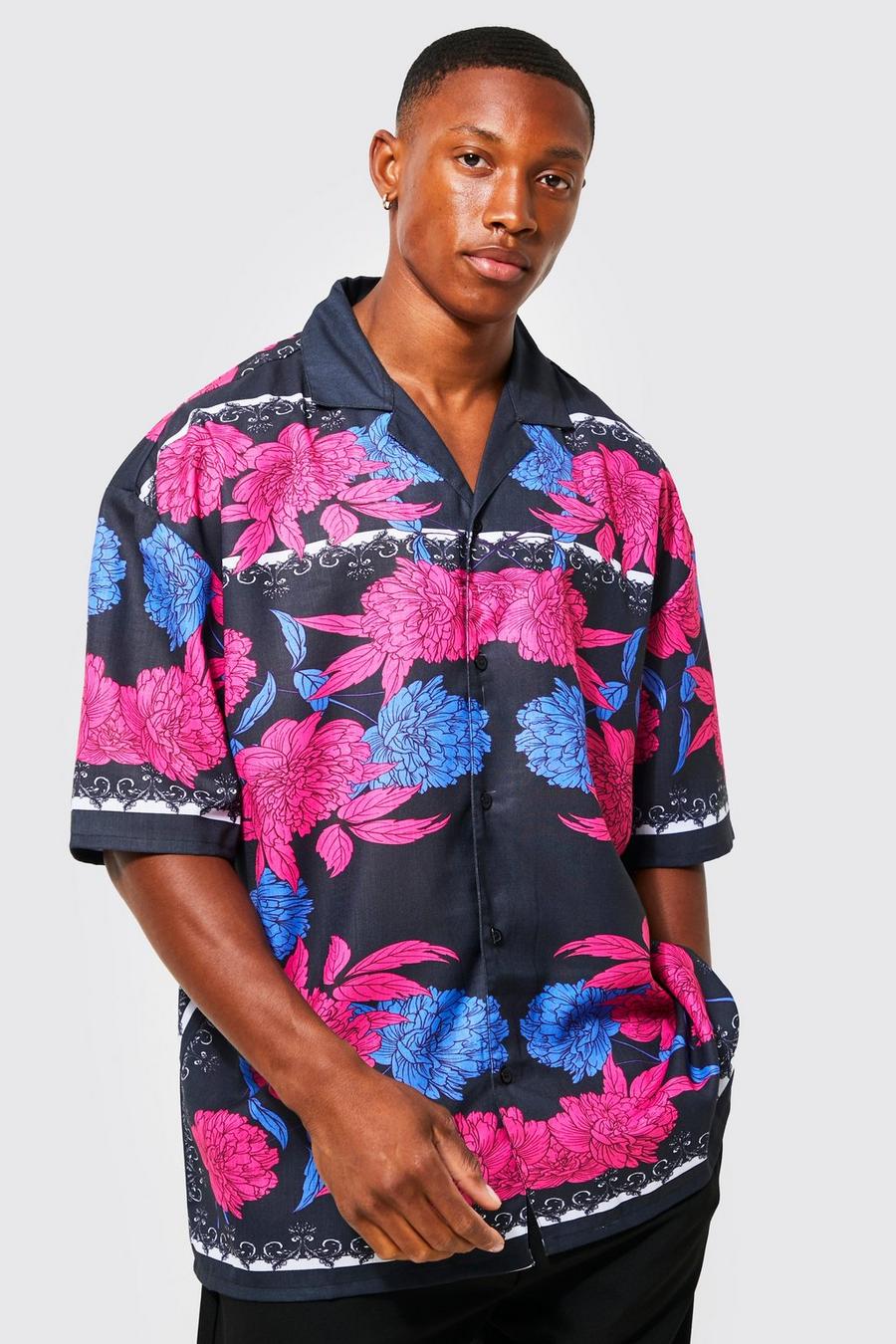 Black Short Sleeve Boxy Oversized Slub Floral Shirt image number 1