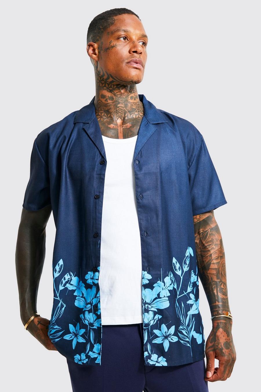 Dark blue Short Sleeve Oversized Slub Floral Shirt image number 1