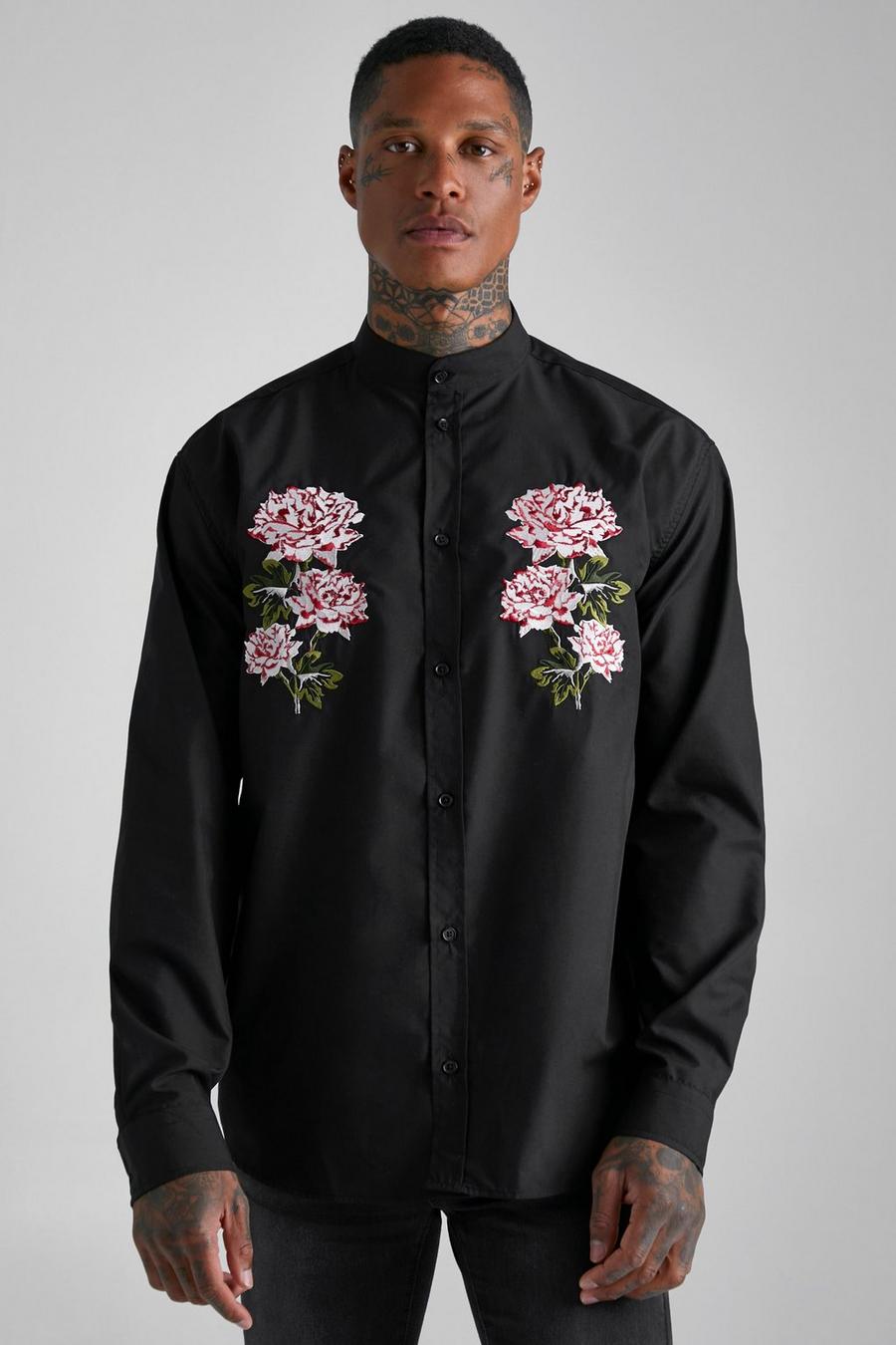 Black Oversized Cotton Embroidered Floral Shirt image number 1