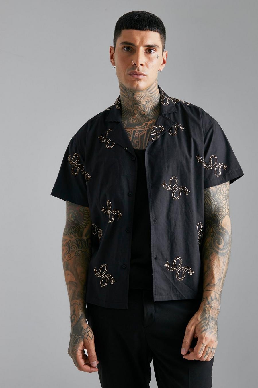Camisa de algodón popelina con cuentas y estampado cachemira, Black nero image number 1