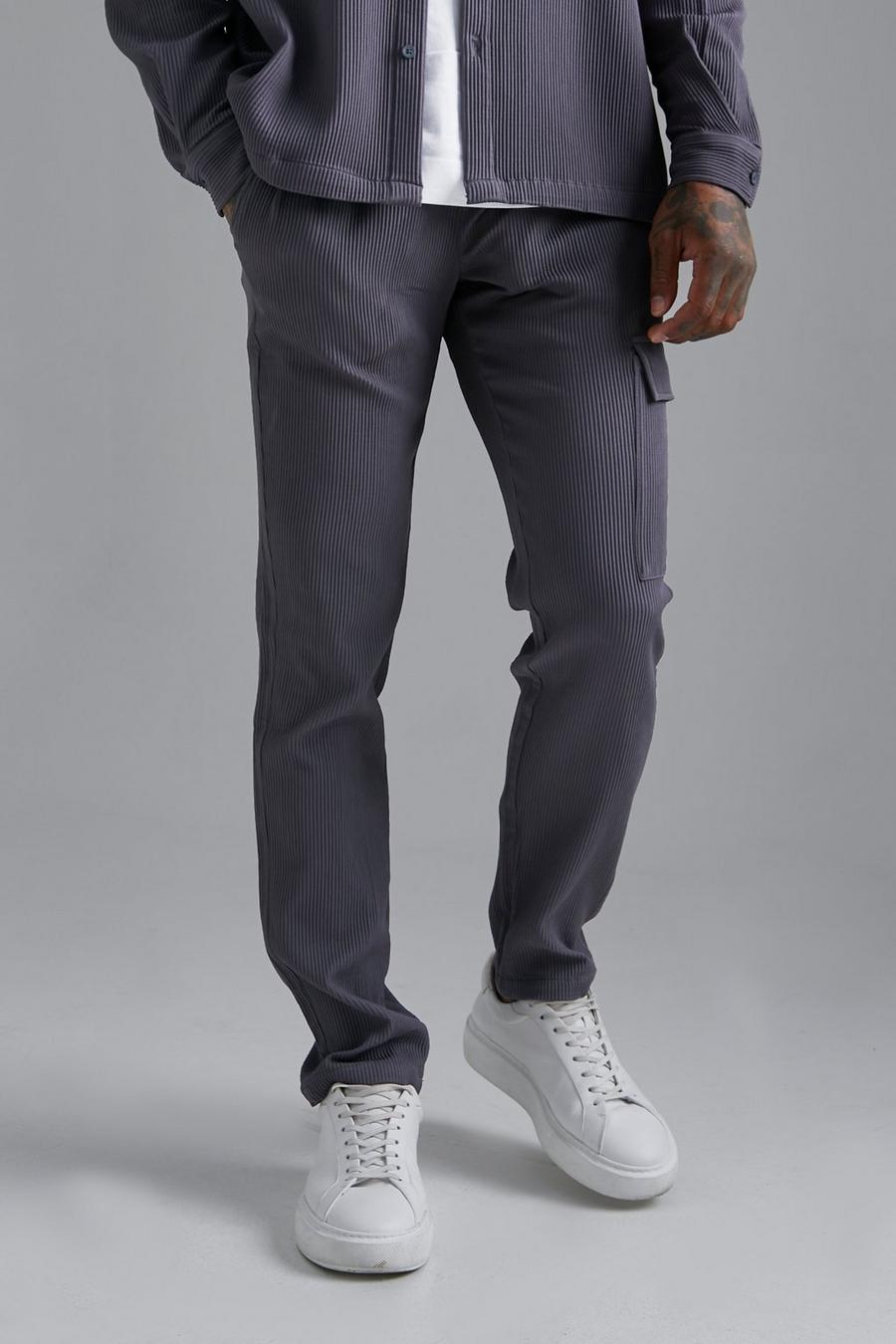 Pantalon cargo slim plissé, Dark grey gris image number 1