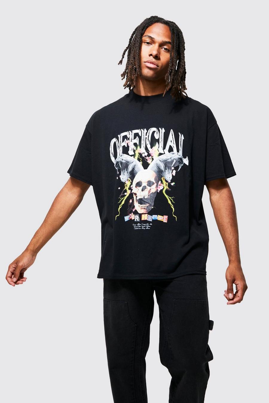 Black Oversized Extended Neck Skull Graphic T-shirt image number 1