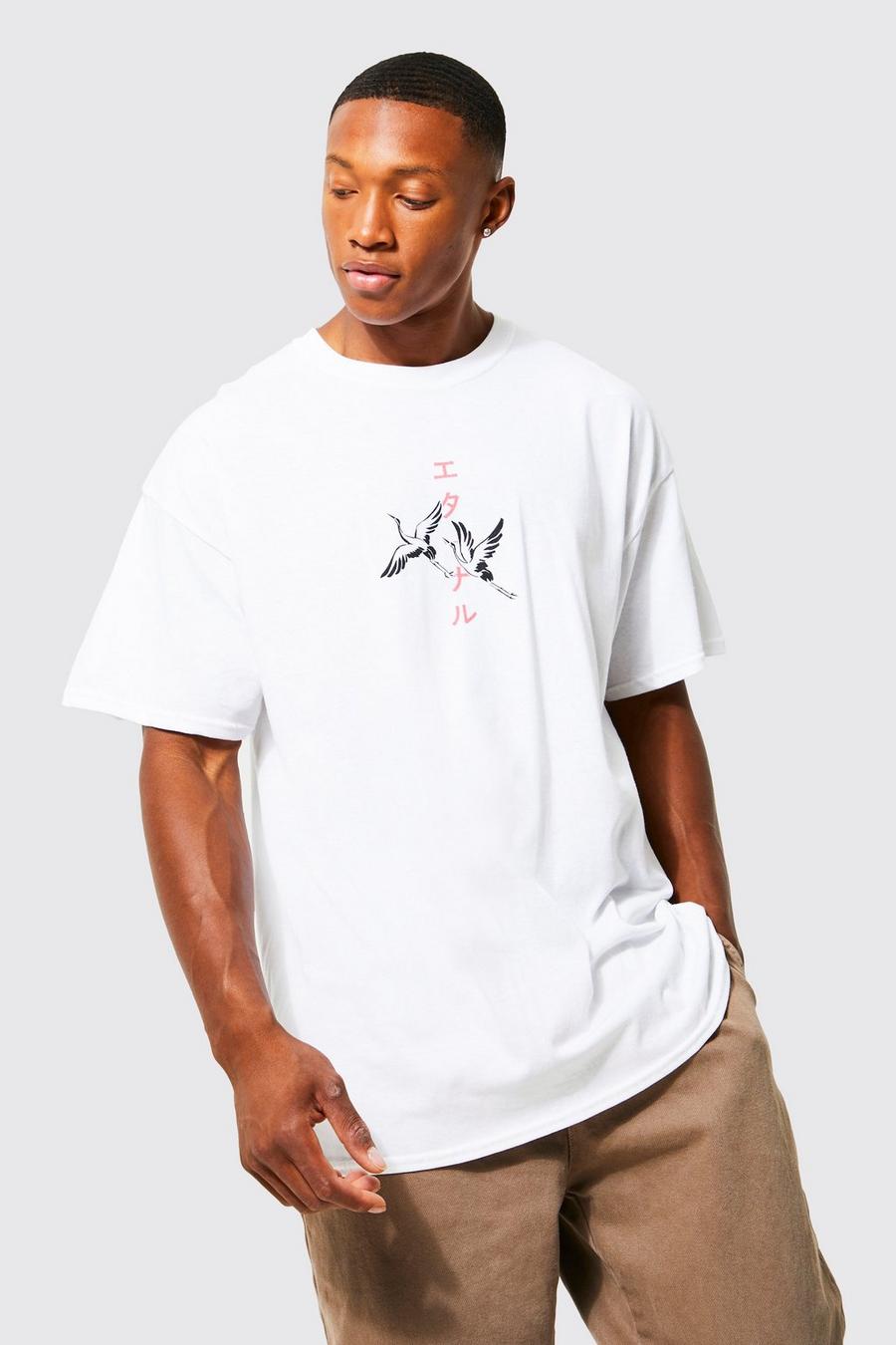 White Oversized Crane Graphic T-shirt