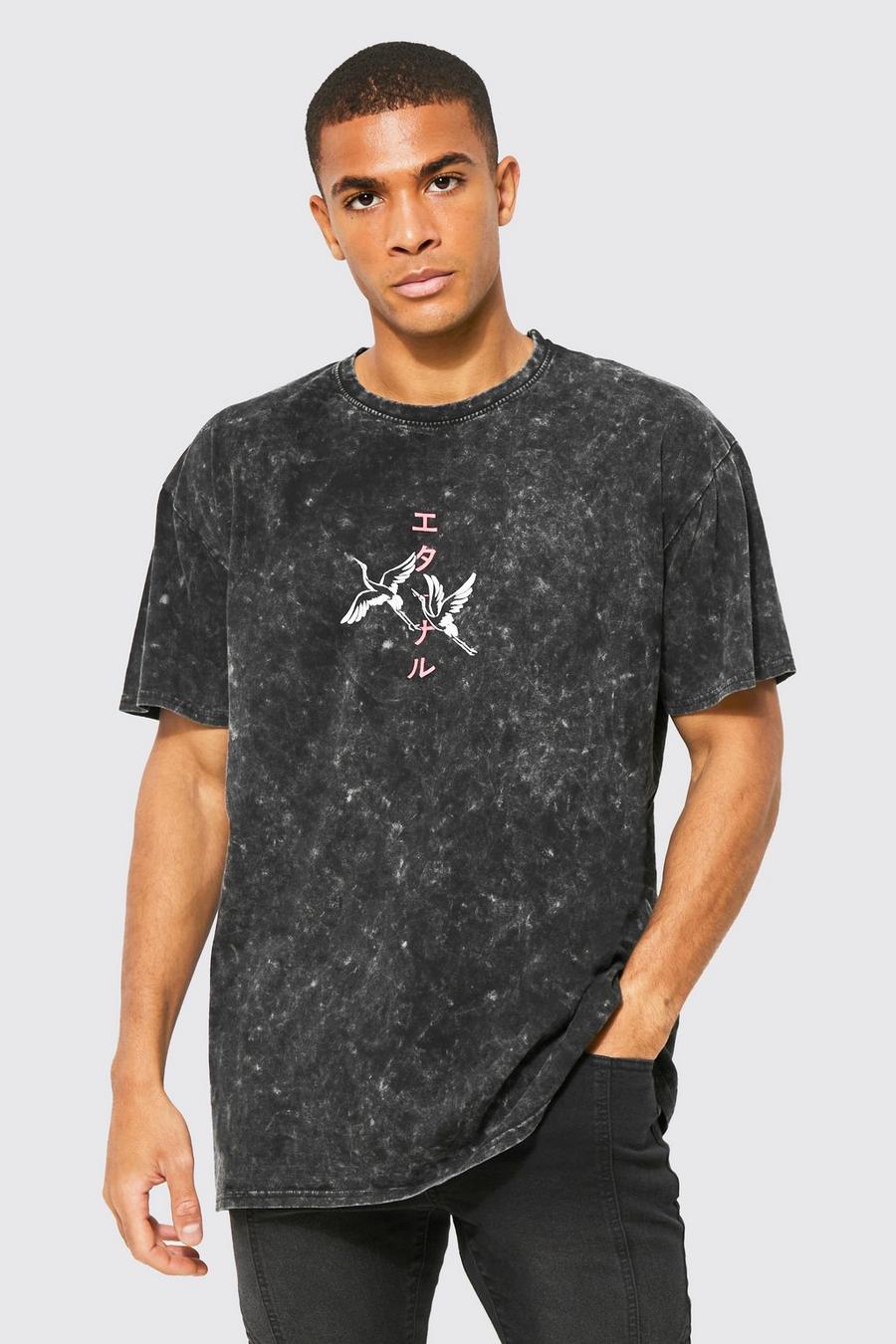 Charcoal grey Oversized Acid Wash Crane Graphic T-shirt