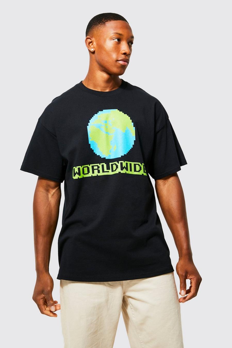 Black Oversized Pixelated World Graphic T-shirt image number 1
