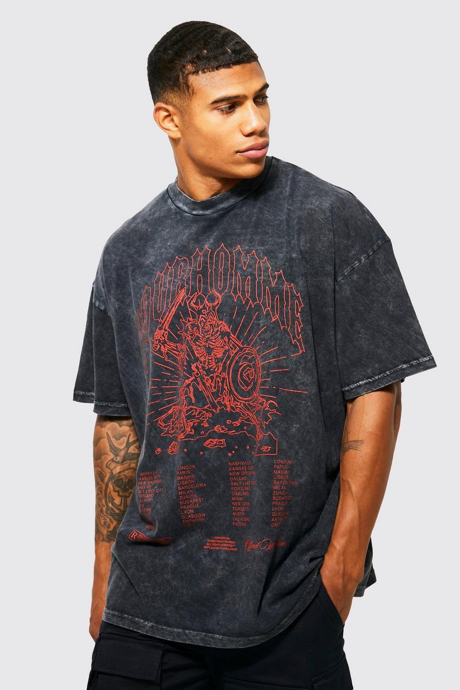 Charcoal grey Oversized Acid Wash Gebleekt T-Shirt Met Print