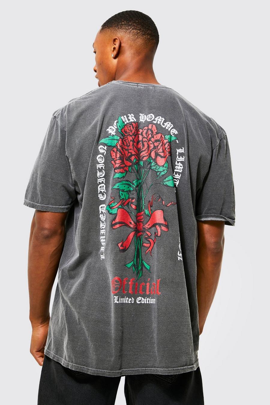 Camiseta oversize con lavado de ácido y estampado de rosas, Charcoal grey image number 1