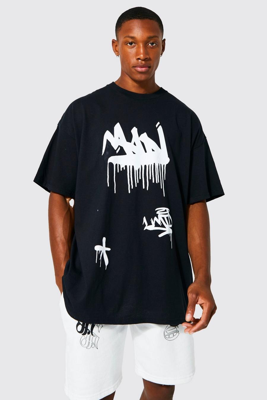Black Oversized Graffiti Graphics T-shirt image number 1