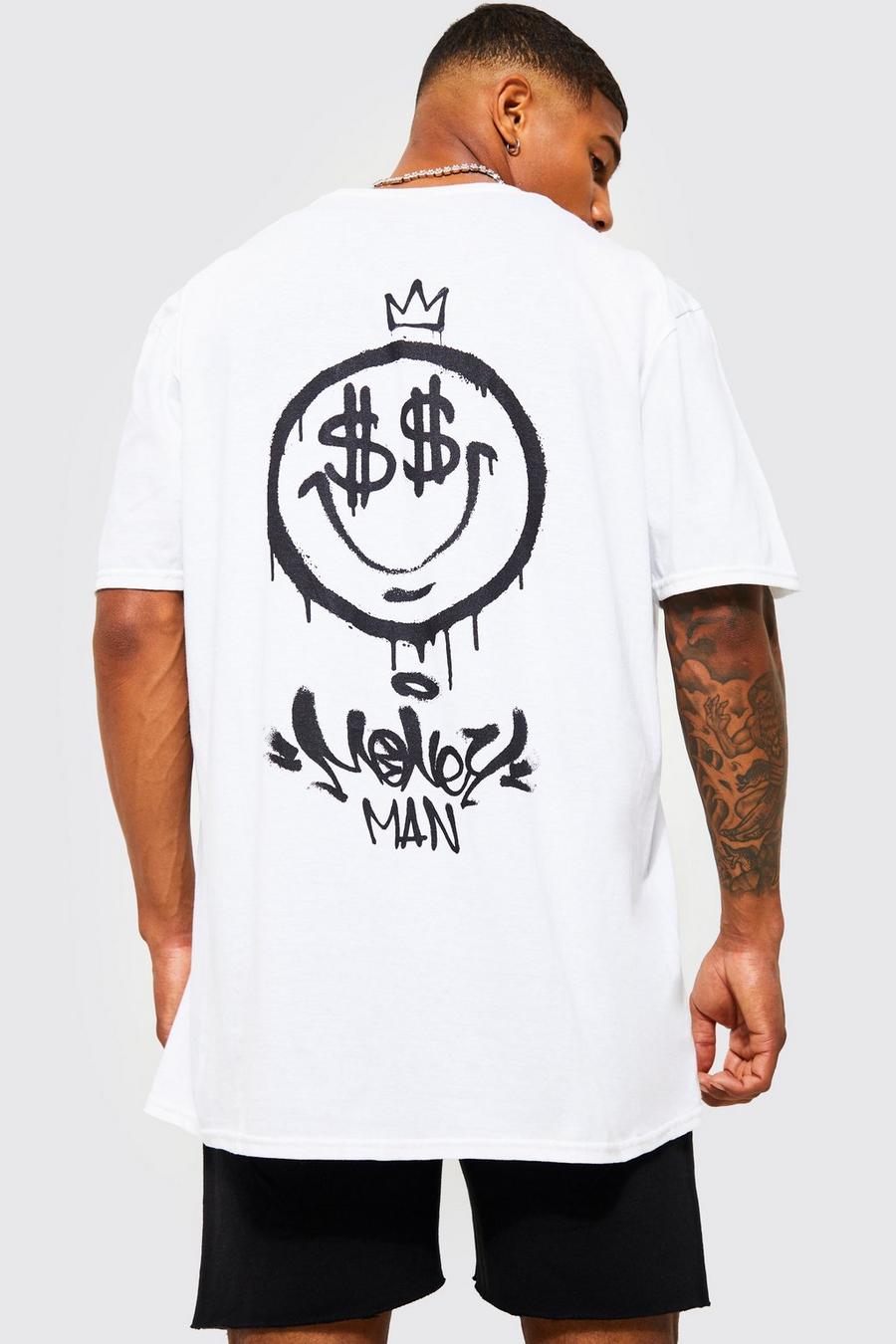 Camiseta oversize con estampado de grafiti y cara, White bianco image number 1