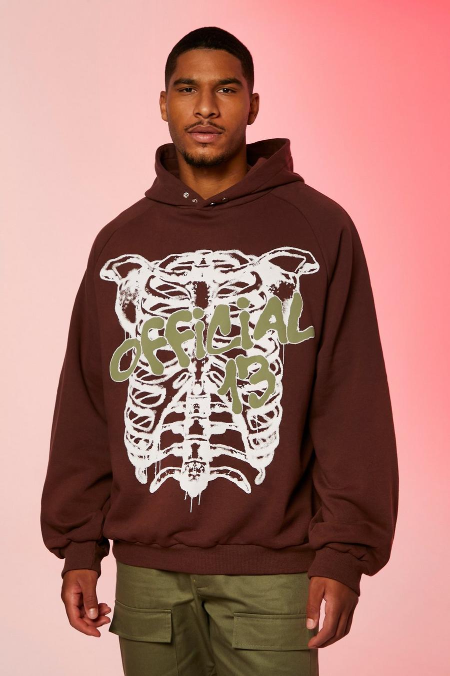 Chocolate Tall Boxy Fit Skeleton Puff Print Hoodie image number 1
