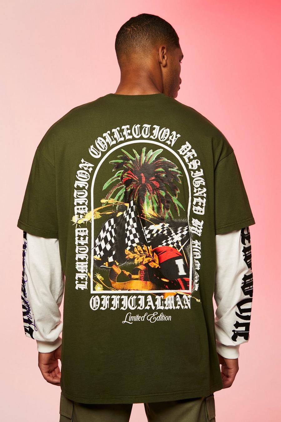 Olive Tall Oversized Graphic Faux Layer T-shirt image number 1