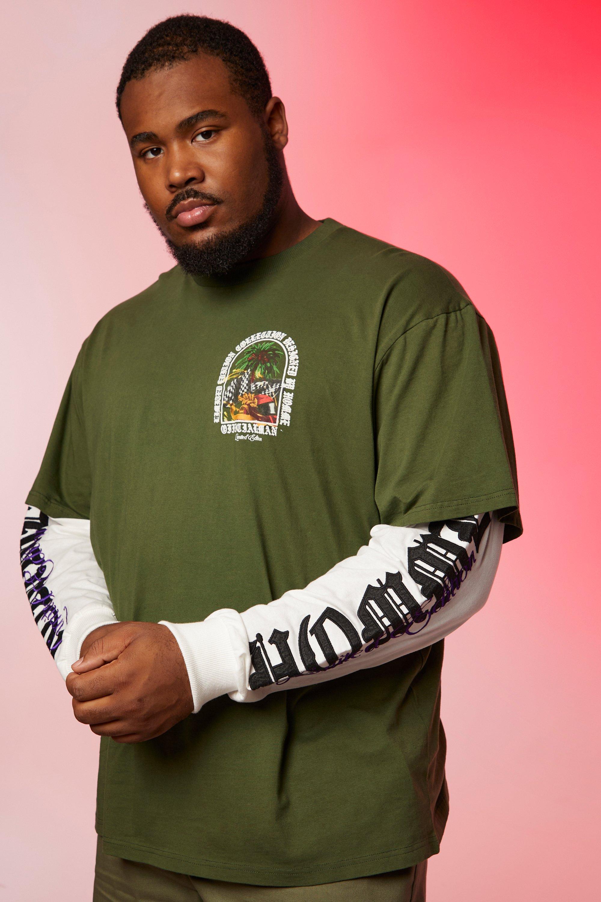 【mnem】25SS★ [mnem] olive print oversized t-shirt Tall Oversized Graphic Faux Layer T-shirt | boohoo