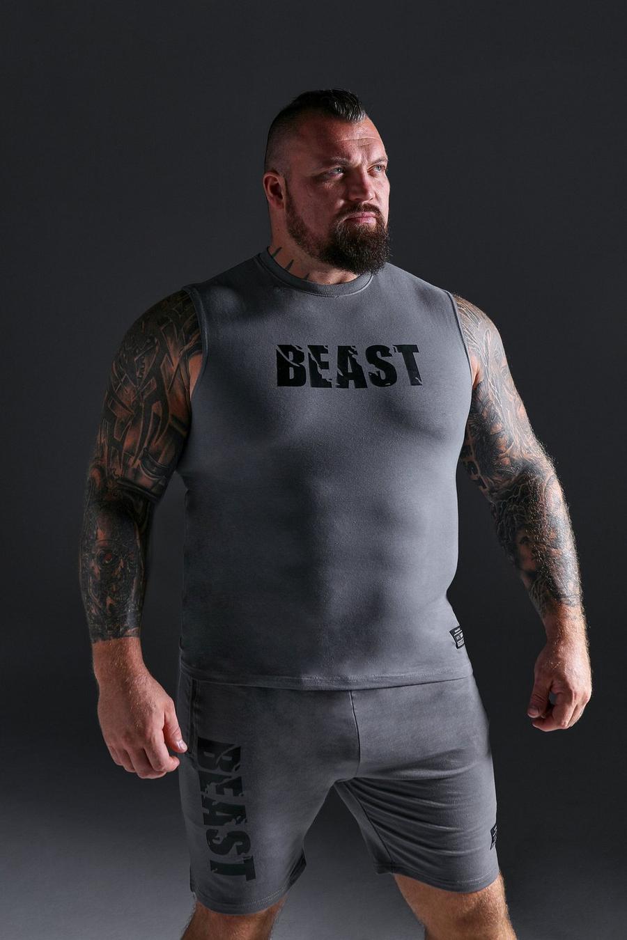 פחם grigio חולצה ספורטיבית נטולת שרוולים לחדר הכושר עם כיתוב Man X Beast image number 1