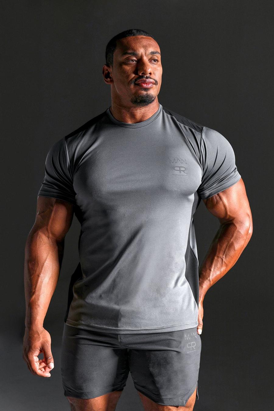 MAN Active x Pr - T-shirt de sport performance à empiècement contrastant, Charcoal gris