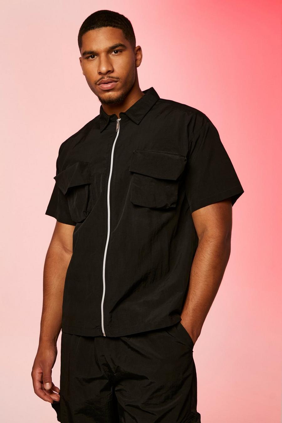 Camicia Tall squadrata in nylon a effetto goffrato stile Utility, Black nero
