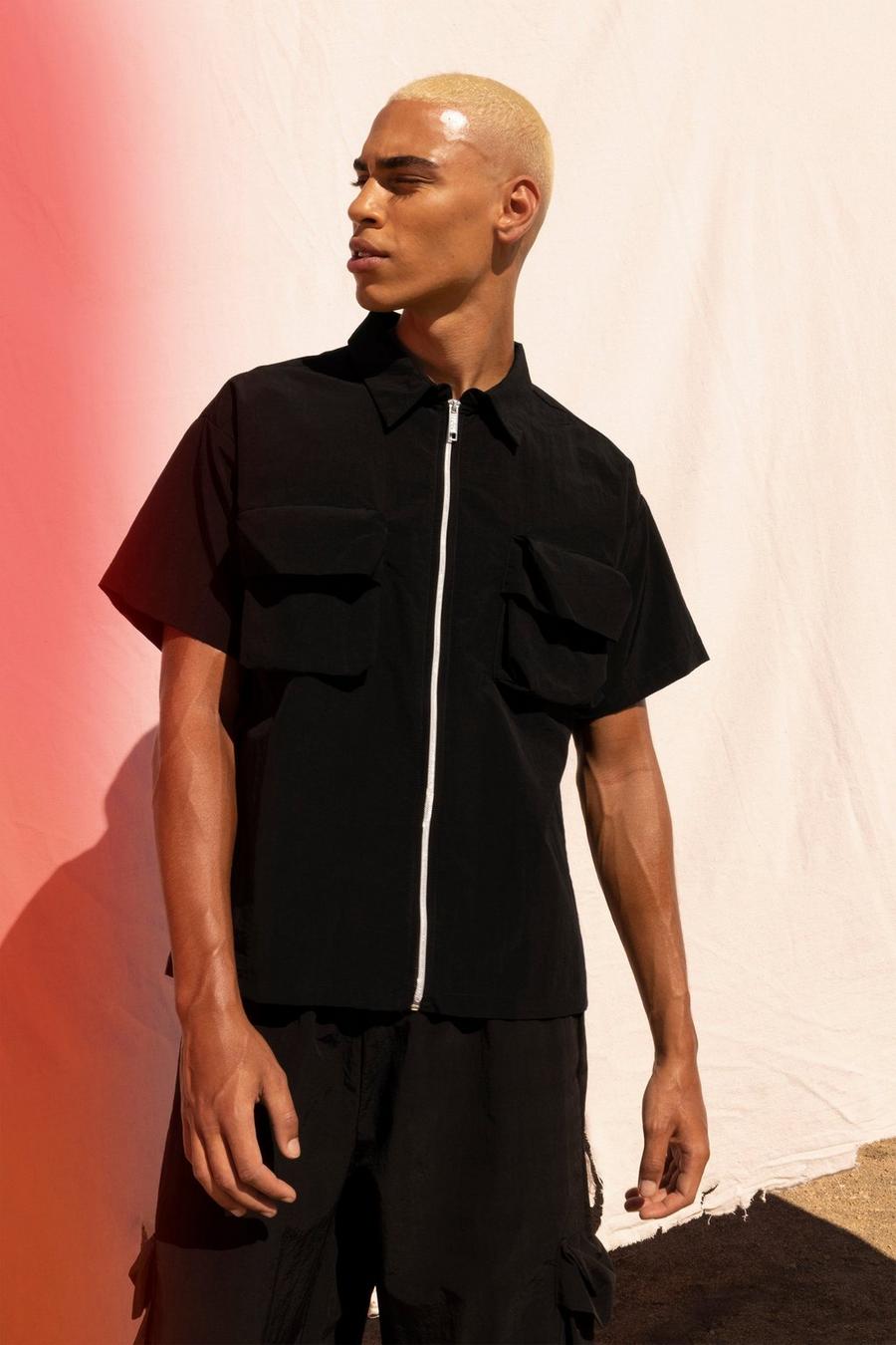 Camicia squadrata in nylon a effetto goffrato stile Utility, Black nero