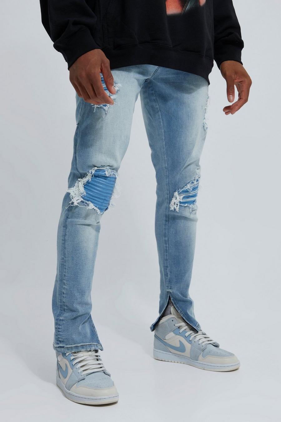 Light blue Slitna skinny jeans med bikerdetaljer, stretch och lagningar