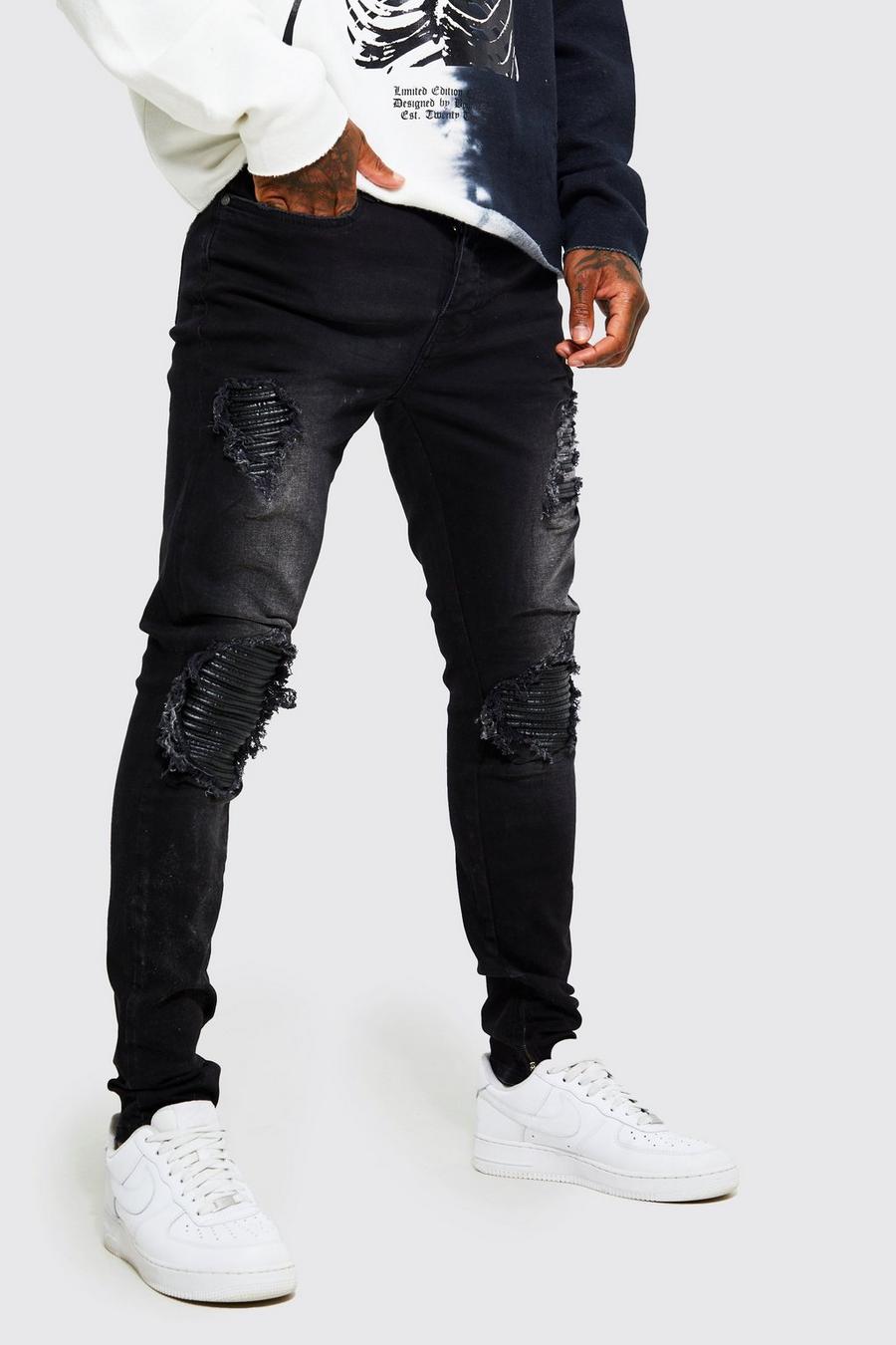 Washed black Slitna skinny jeans med bikerdetaljer, stretch och lagningar image number 1