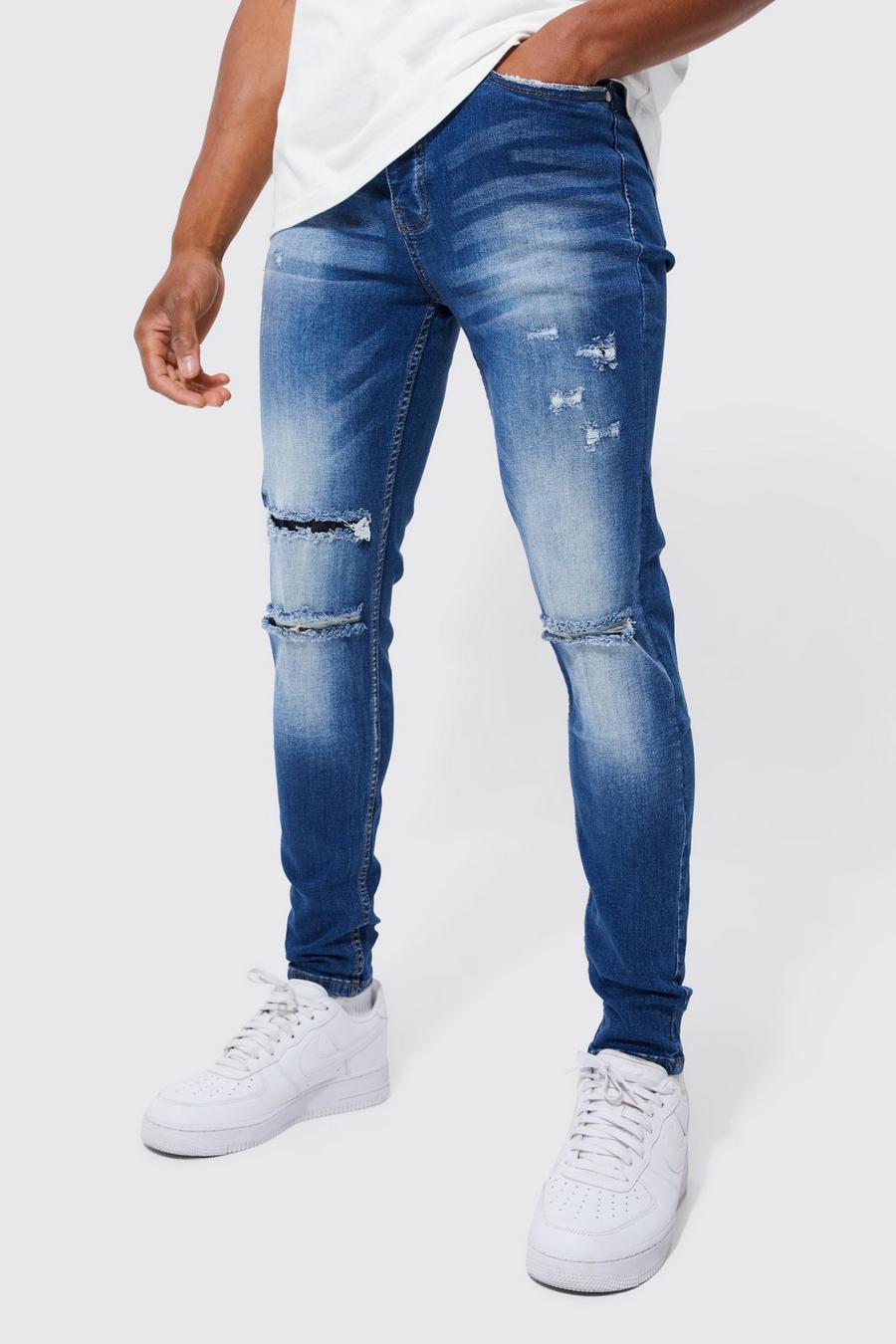 Mid blue blå Skinny Stretch Distressed Ripped Jeans