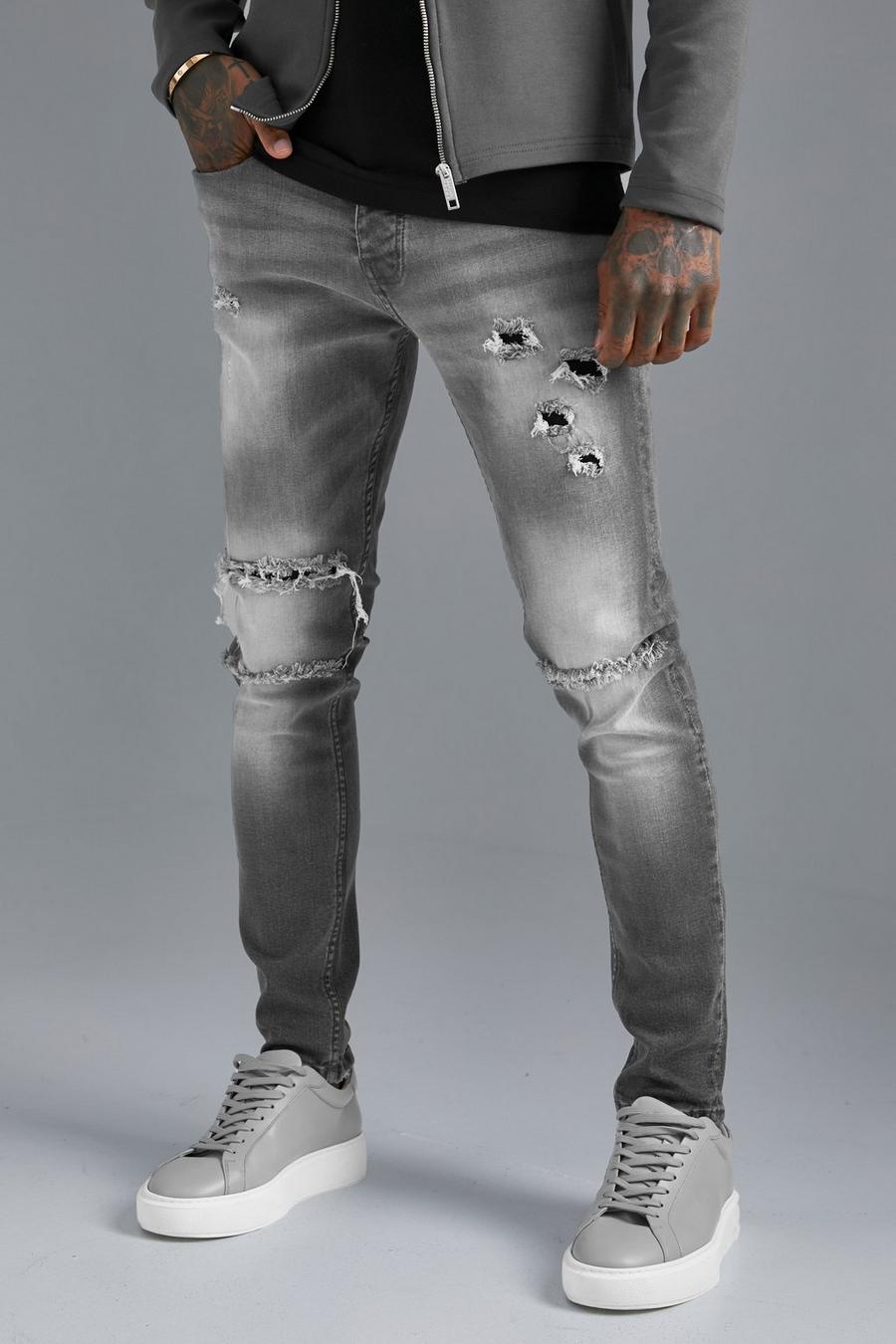 Mid grey Skinny Stretch Distressed Ripped Jeans image number 1