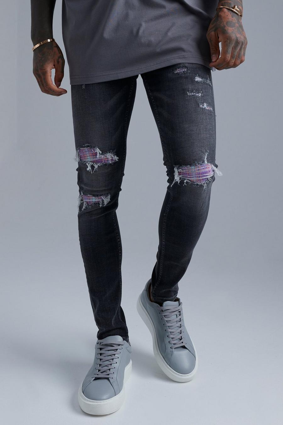 Washed black Slitna skinny jeans med rutiga lagningar image number 1