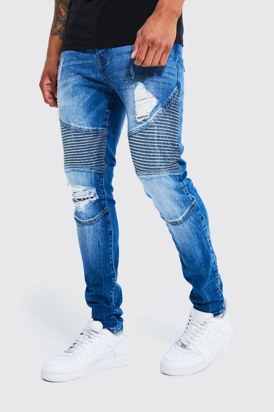 Mid blue Skinny Stretch Distressed Biker Jeans image number 1
