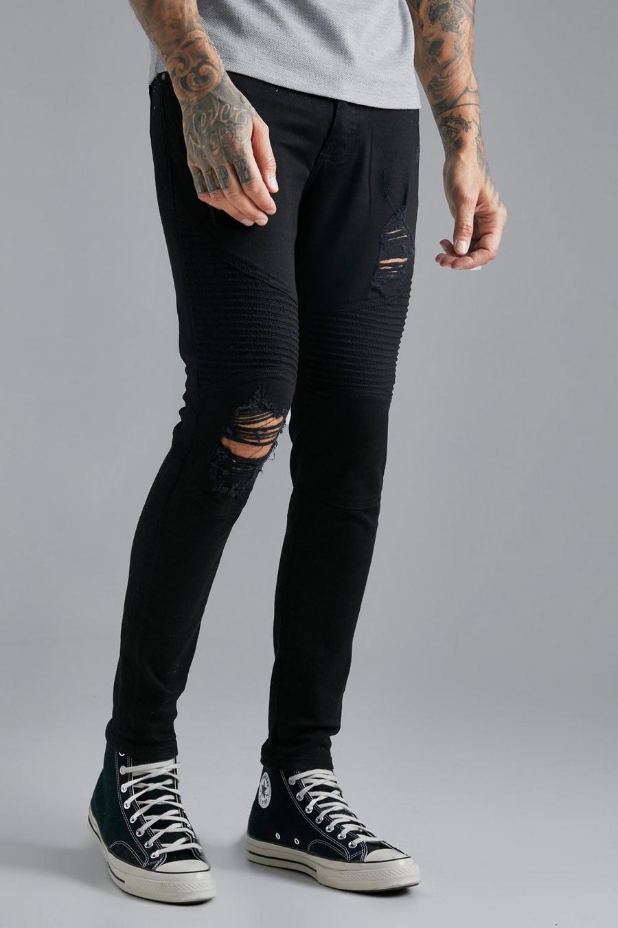 Jeans da Biker Skinny Fit Stretch effetto smagliato, True black