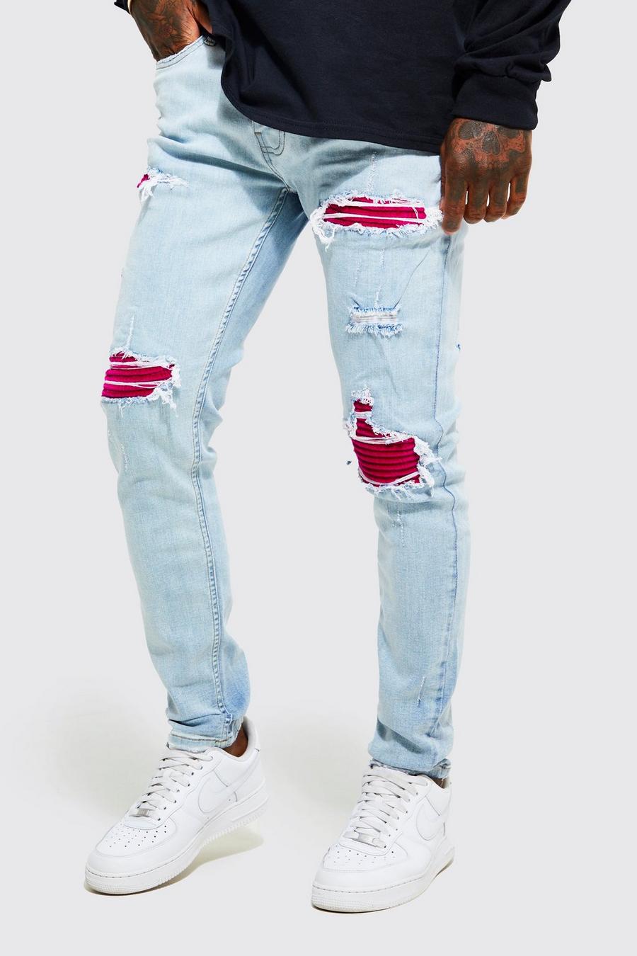 Jeans Skinny Fit in velours Stretch con strappi & rattoppi, Light blue azul