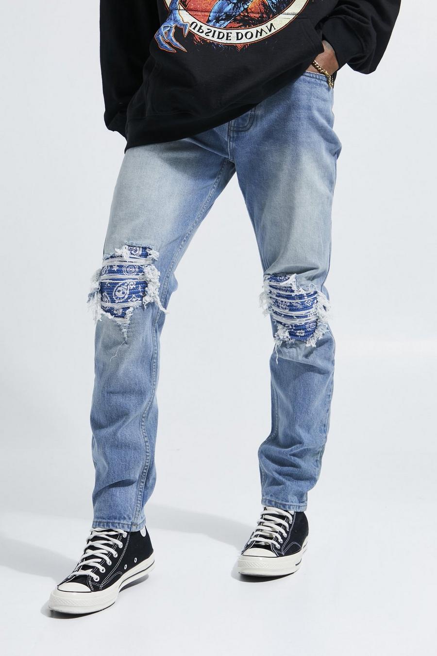Light blue Slim Fit Bandana Print Schedel Rip & Repair Jeans image number 1