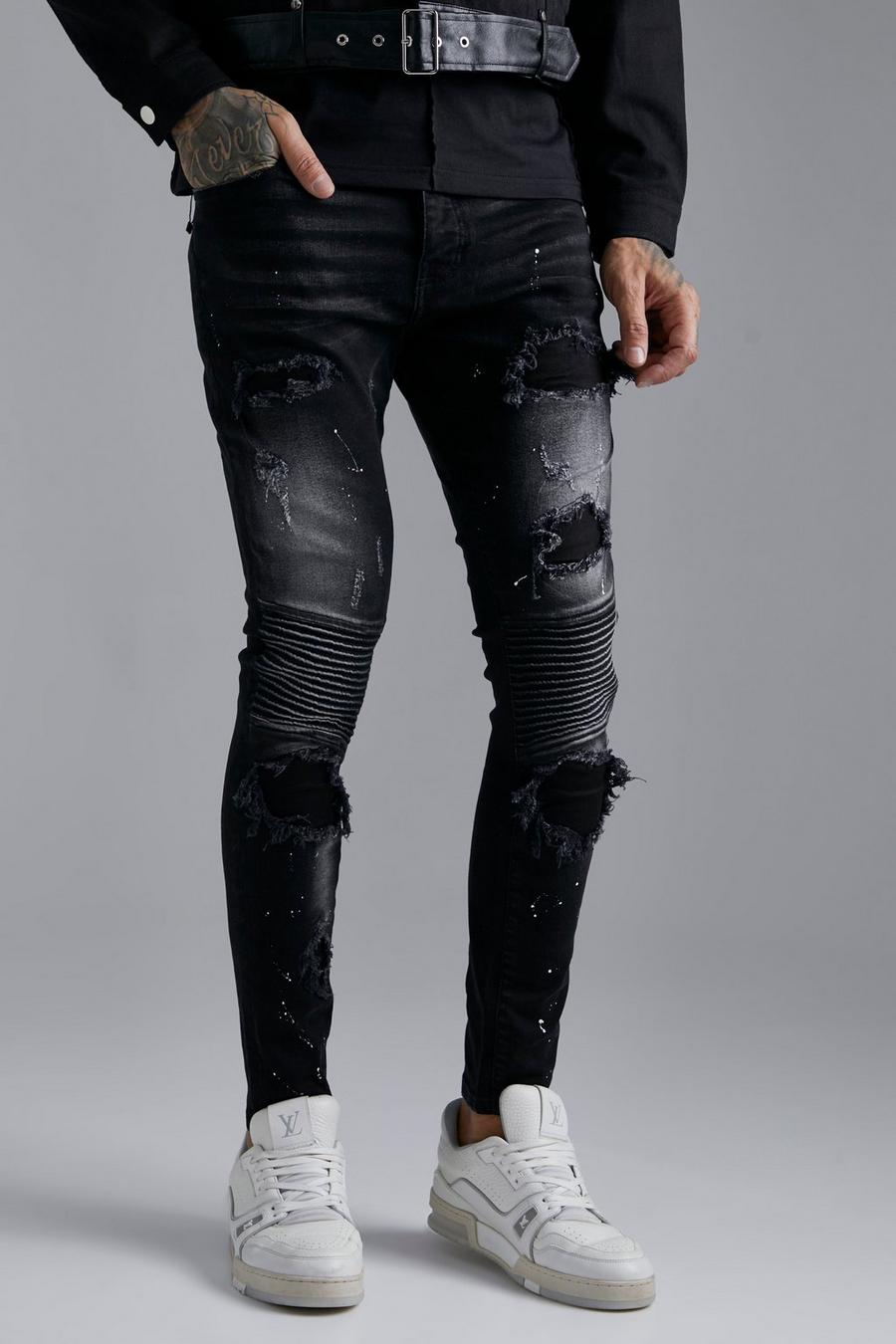 Washed black Skinny Stretch Rip & Repair Biker Jeans image number 1