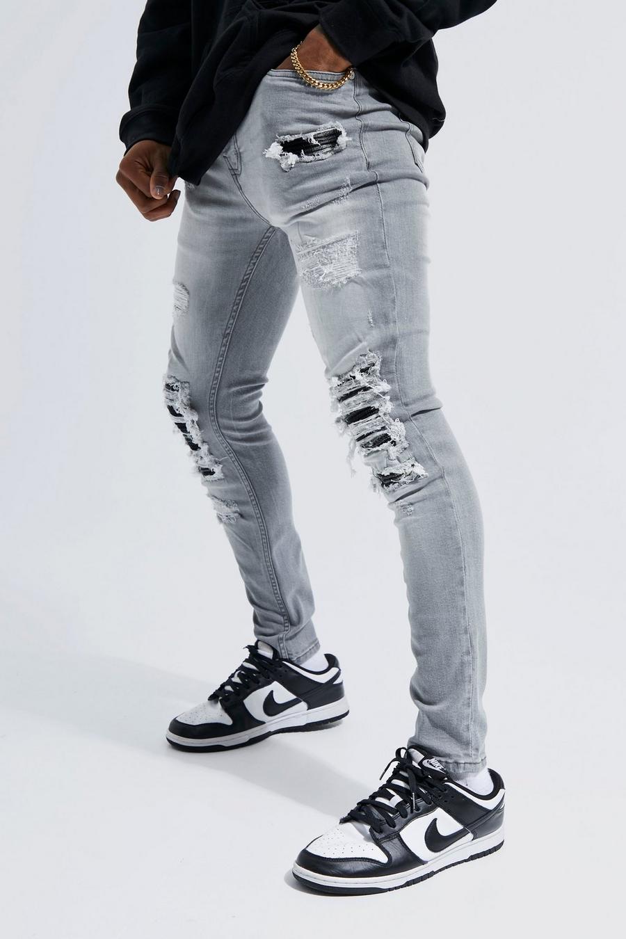Light grey Super Skinny Stretch Rip & Repair Check Jeans image number 1