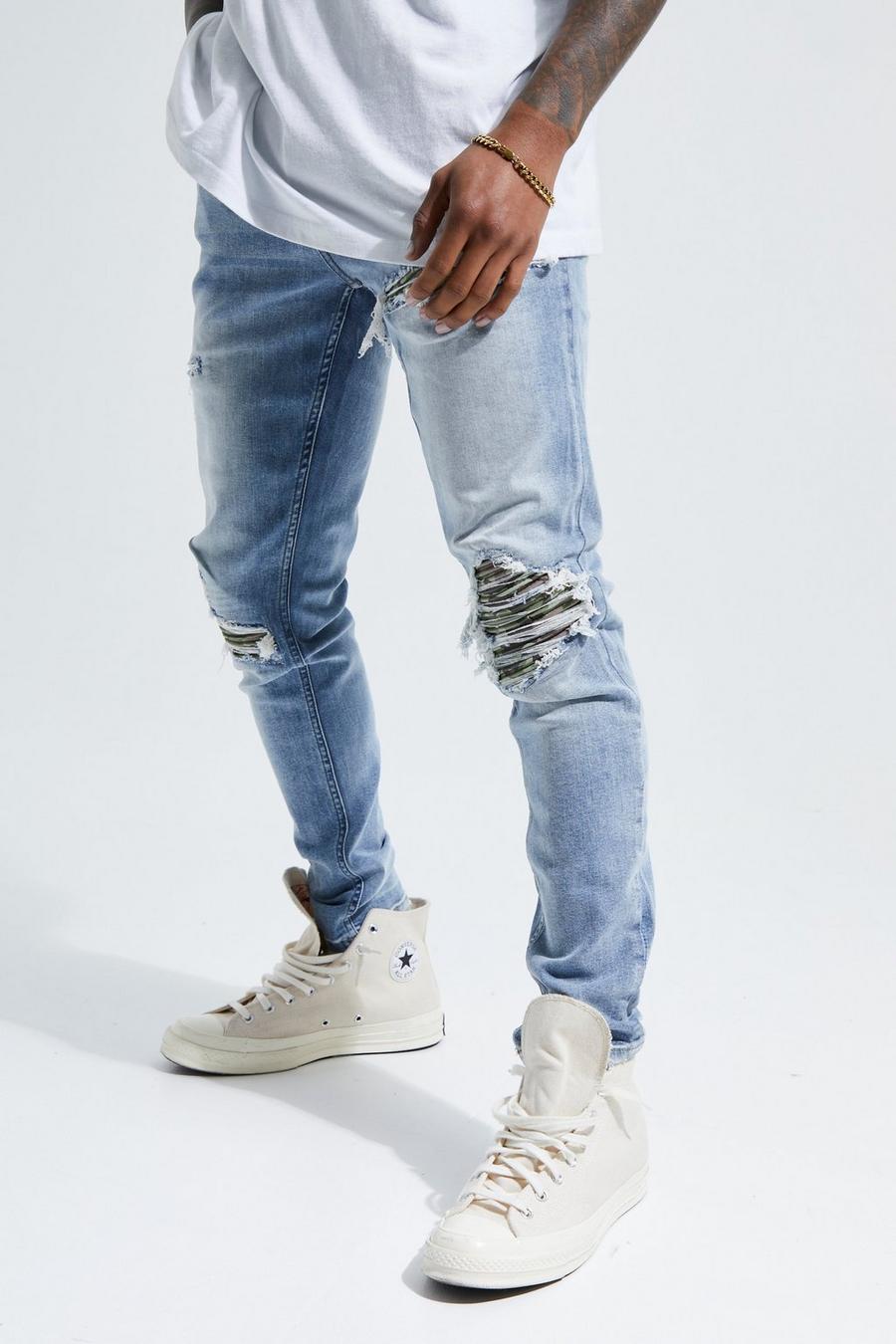 Jeans Skinny Fit Stretch in fantasia militare con strappi & rattoppi, Mid blue image number 1