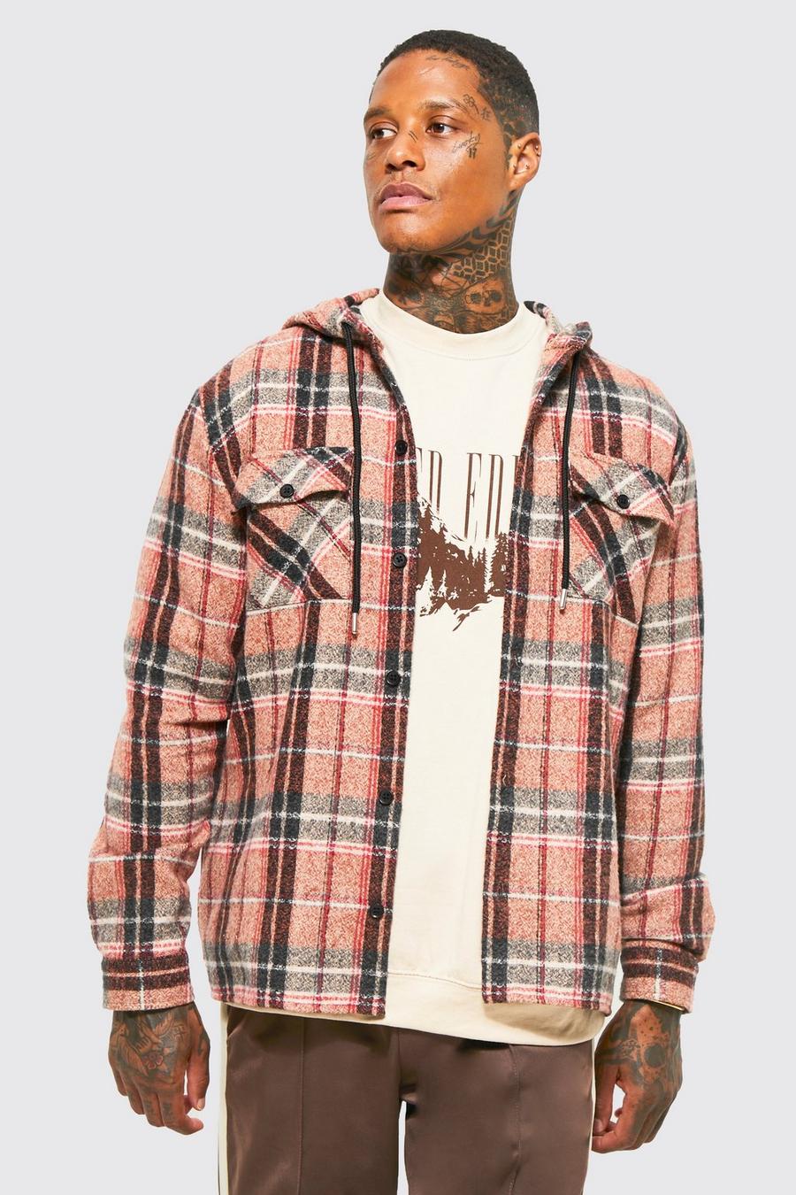 Burnt orange Heavy Brushed Check Overshirt With Hood image number 1