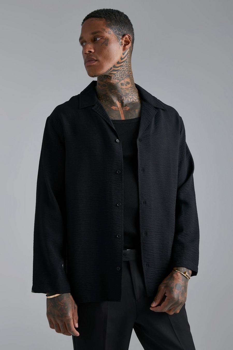 Black schwarz Long Sleeve Pyjama Seersucker Revere Shirt