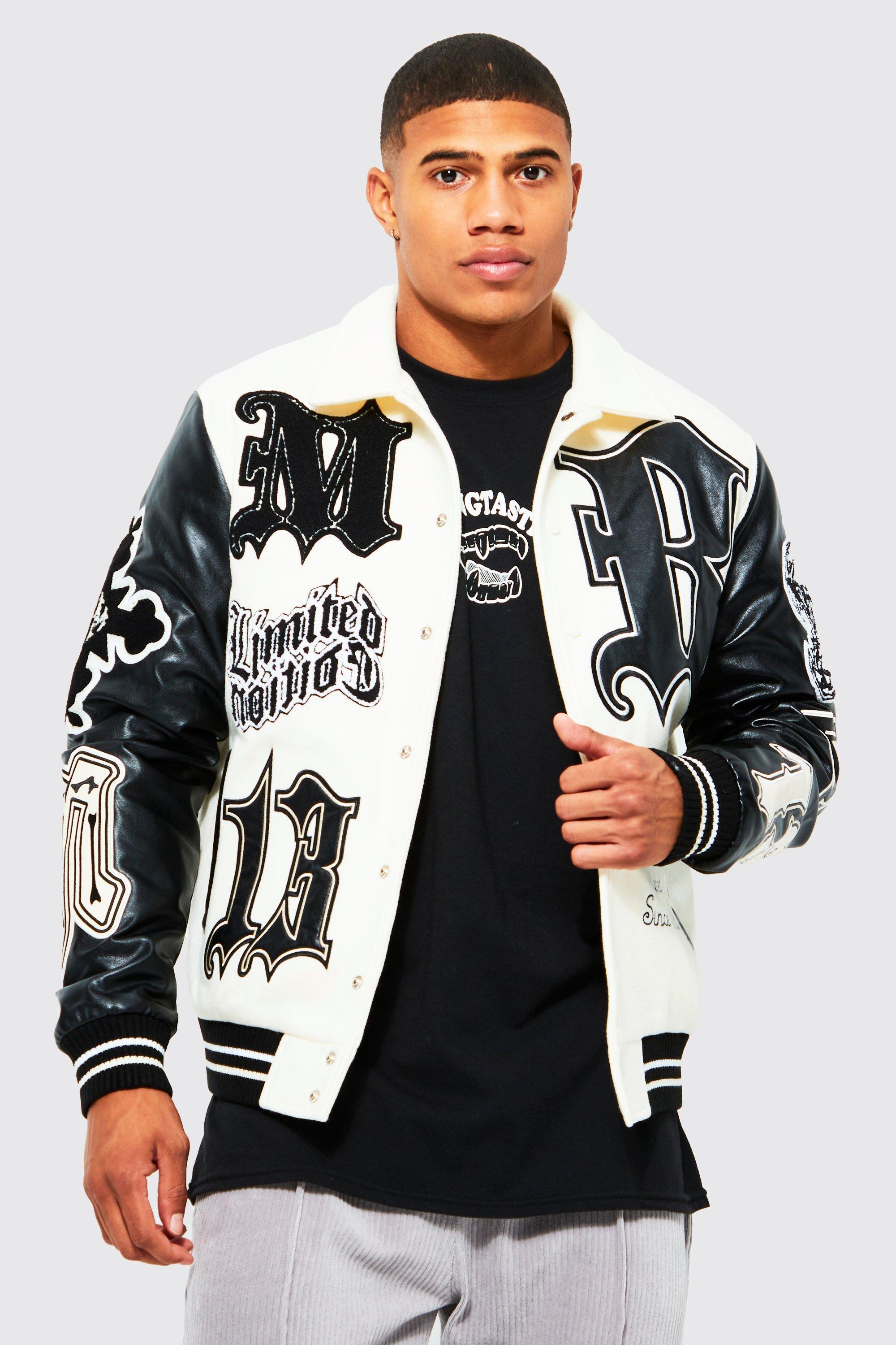 Black and Gold Striped Letterman Jacket with Black Leather Sleeves