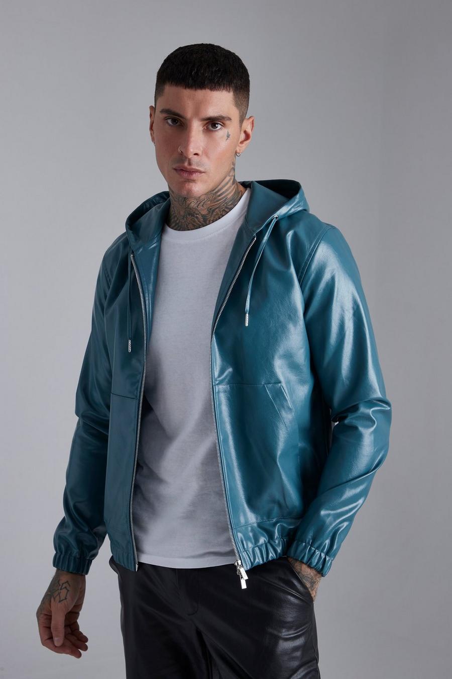 Teal green Pu Bomber Jacket With Hood