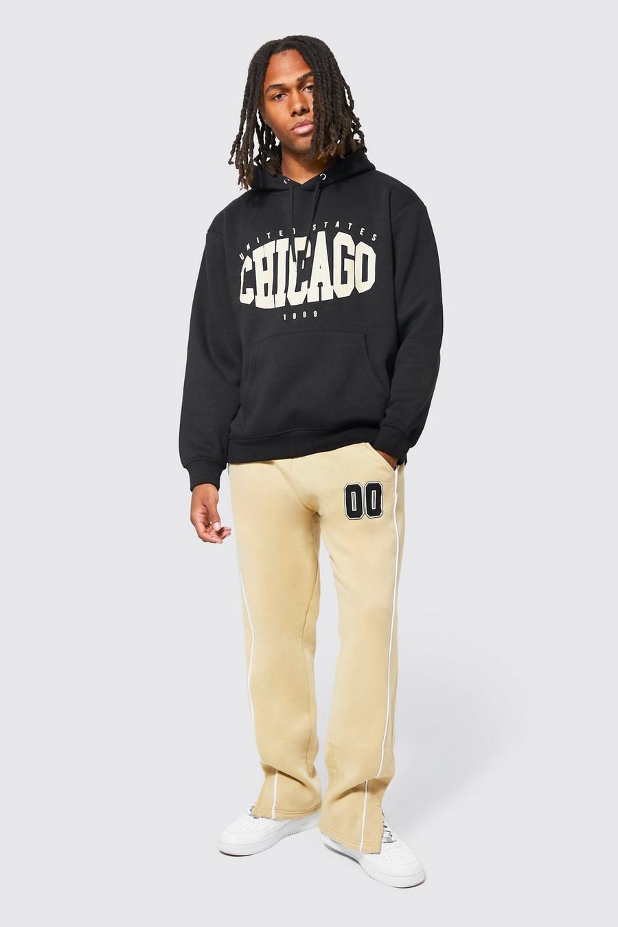 Black Oversized Chicago Piping Hooded Tracksuit image number 1