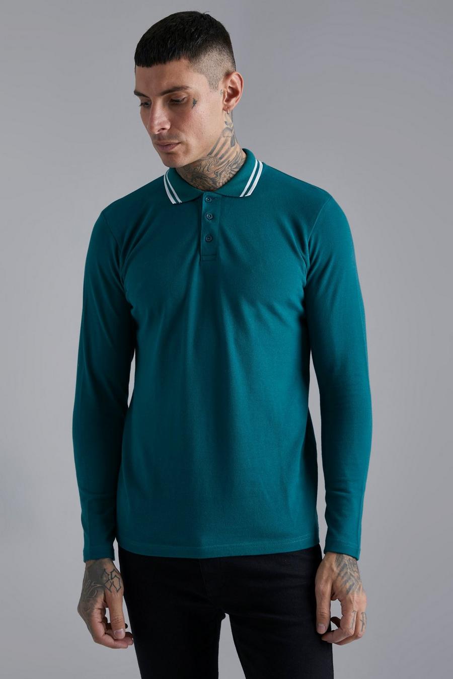 Teal Long Sleeve Tipped Pique Polo image number 1