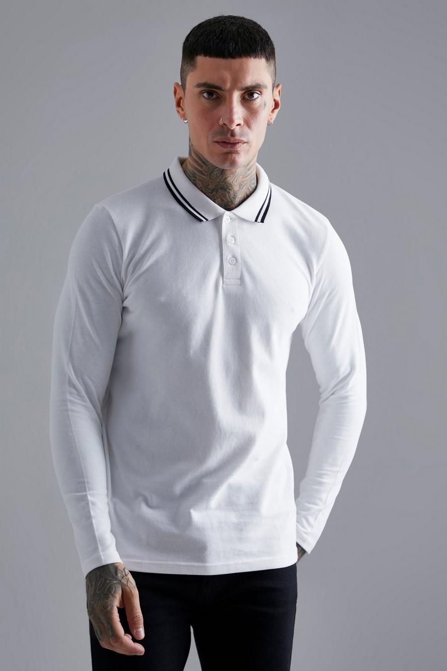 White Long Sleeve Tipped Pique Polo image number 1