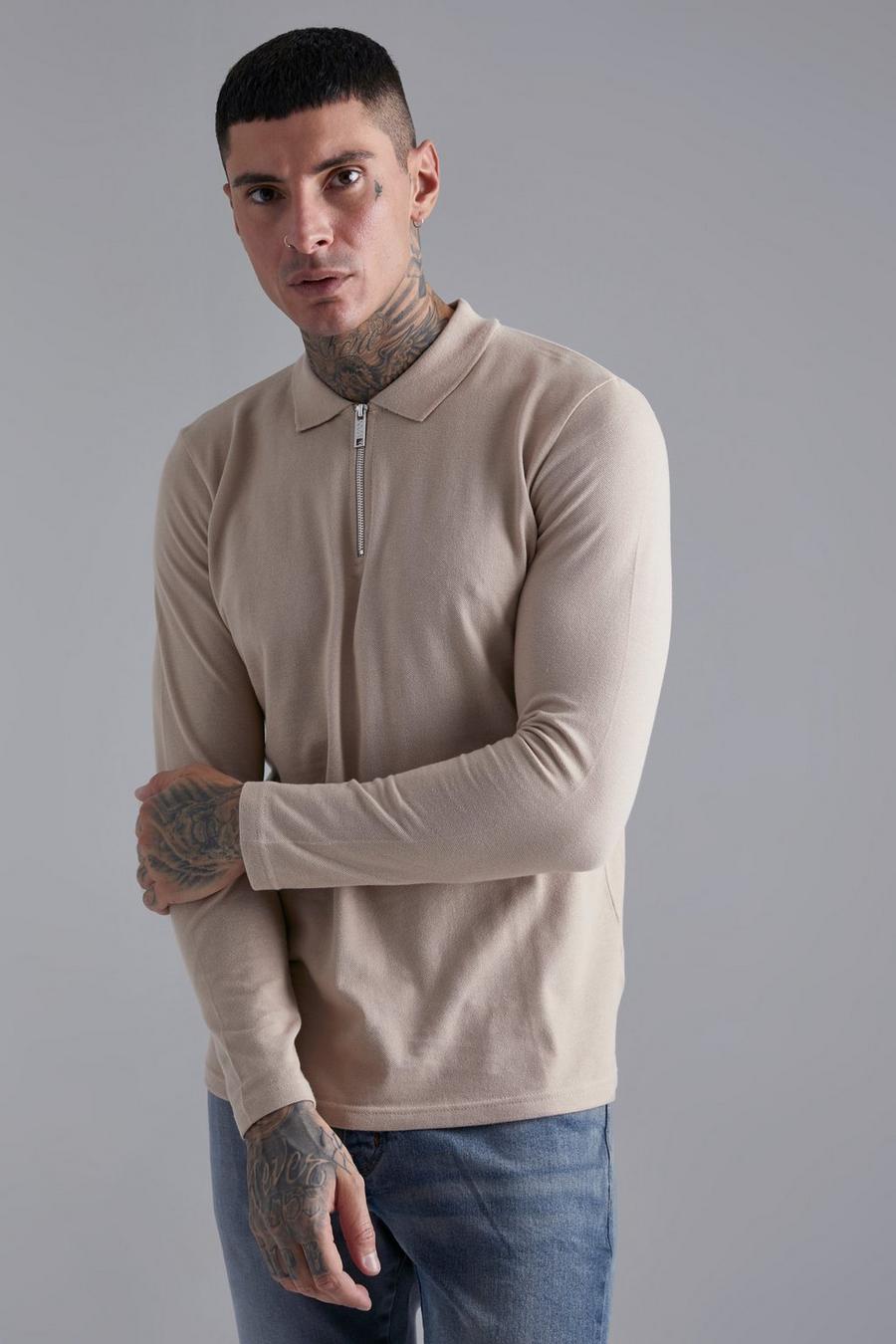 Taupe Long Sleeve Pique Polo image number 1