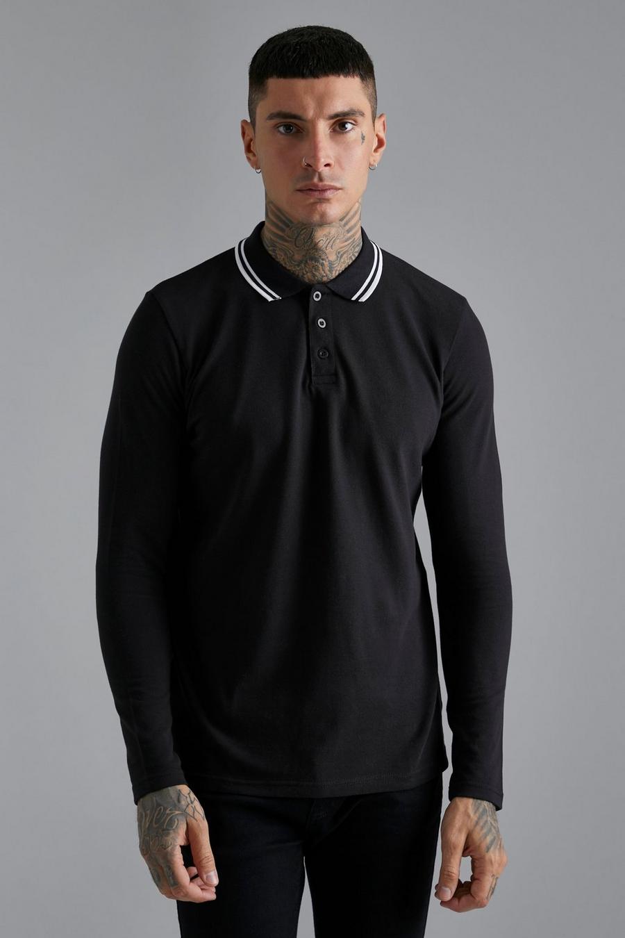 Black Long Sleeve Tipped Pique Polo image number 1