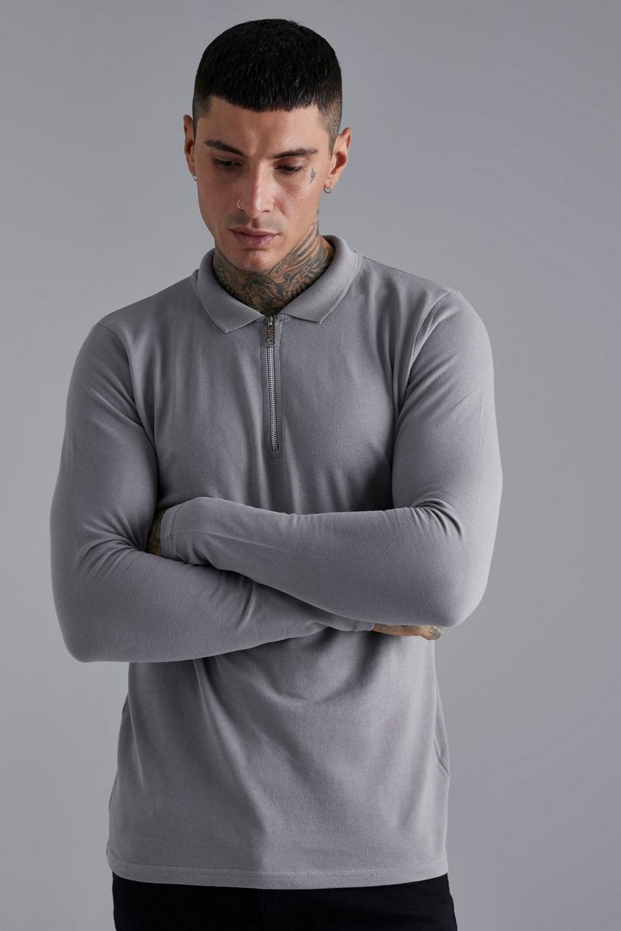 Light grey Long Sleeve Pique Polo image number 1