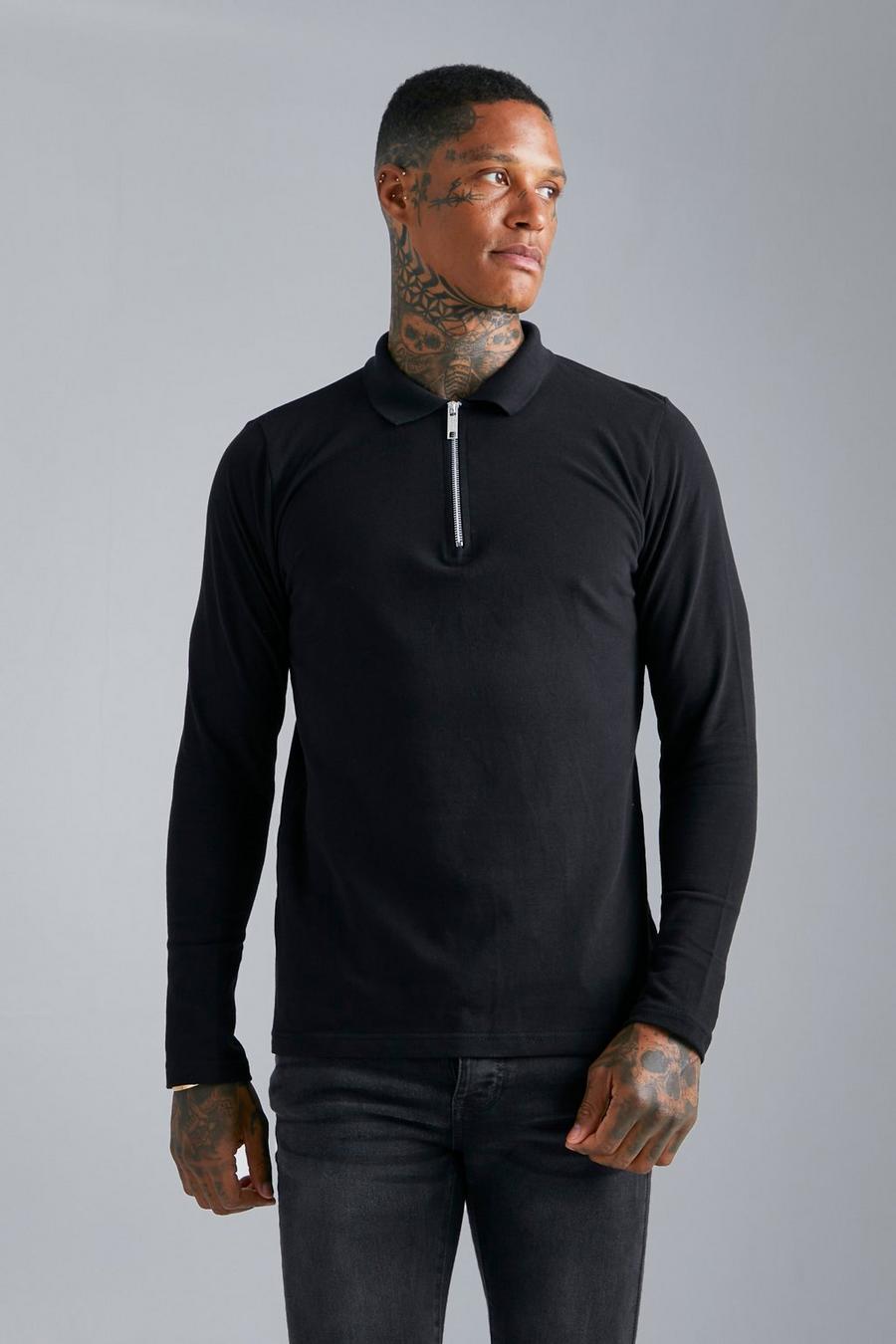 Black Long Sleeve Pique Polo image number 1