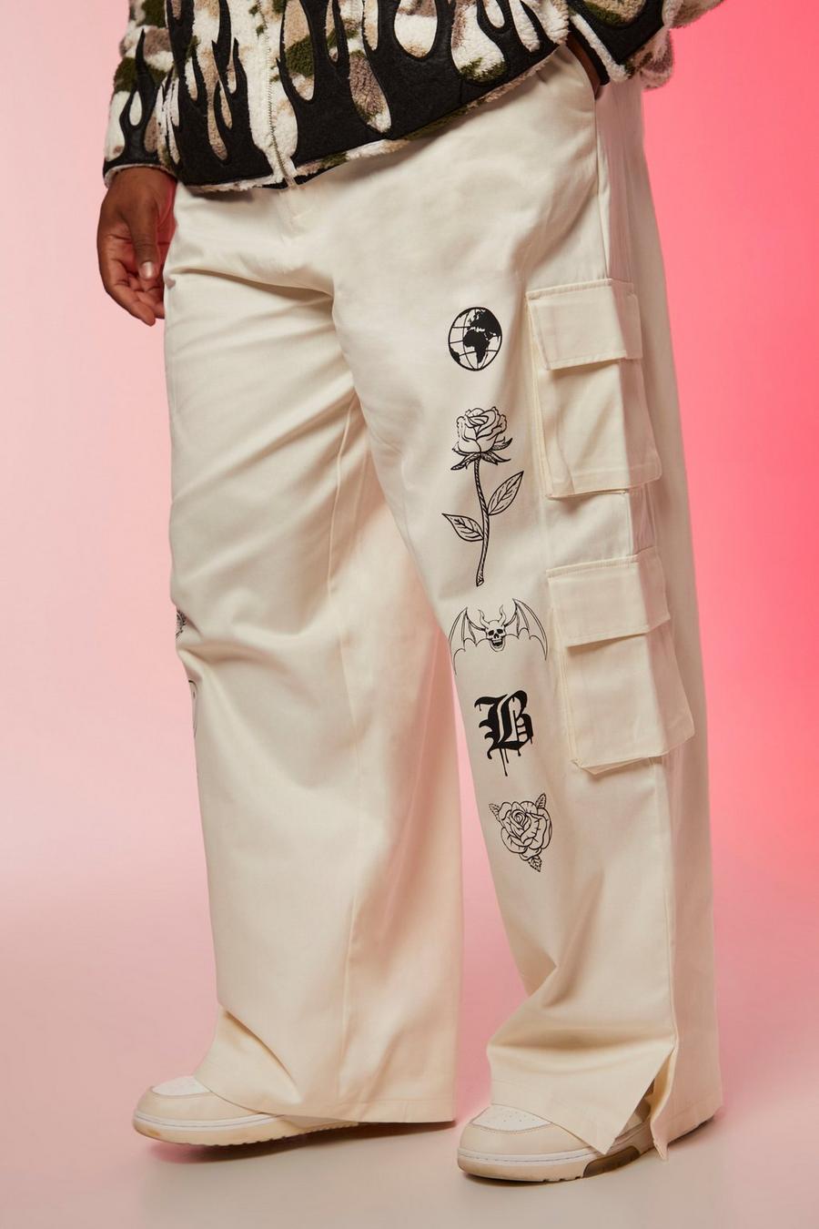 Grande taille - Pantalon chino fendu à imprimé tarot, Ecru image number 1
