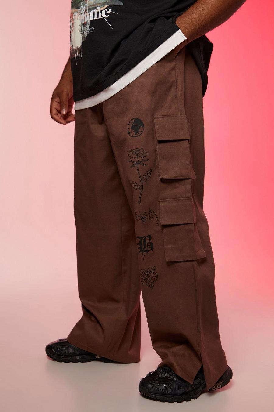 Grande taille - Pantalon chino fendu à imprimé tarot, Coffee image number 1