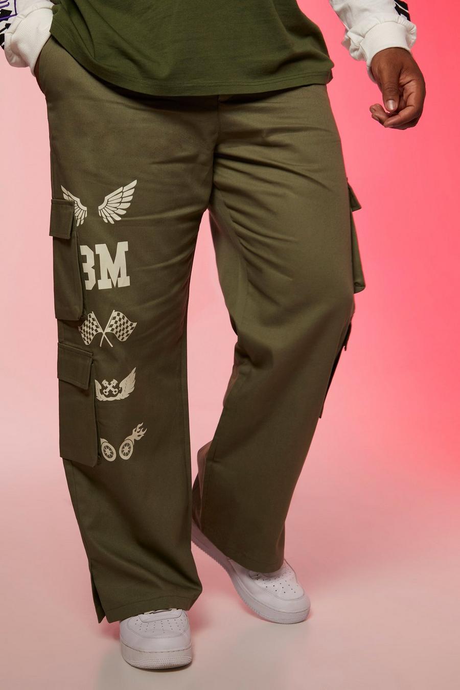 Grande taille - Pantalon chino fendu à imprimé moto, Olive image number 1