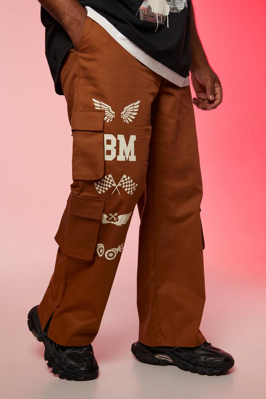 Grande taille - Pantalon chino fendu à imprimé moto, Tobacco image number 1