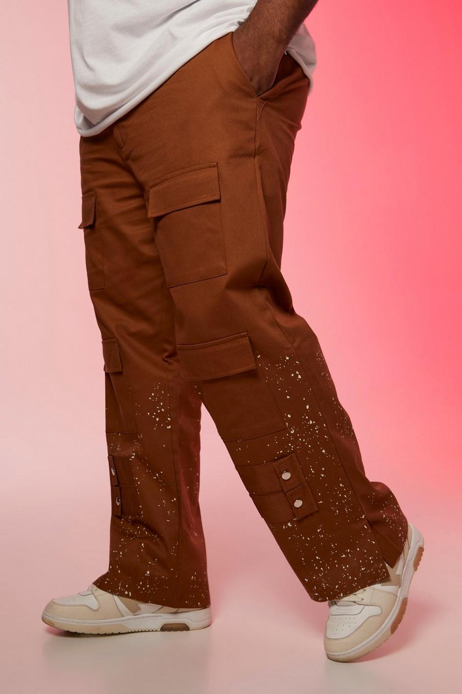 טבק marrón מכנסי דגמ'ח מולבנים בגזרת רגל ישרה עם כיסים מרובים, מידות גדולות