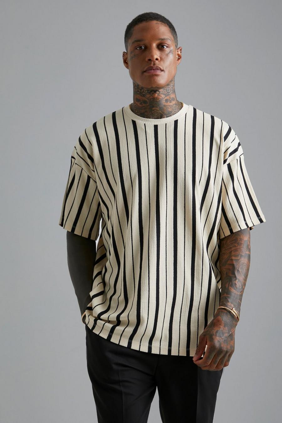 Ecru Oversized Striped Crinkle T-shirt  image number 1