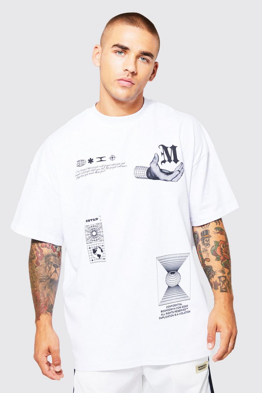 Camiseta oversize con cuello extendido y estampado gráfico, White blanco image number 1